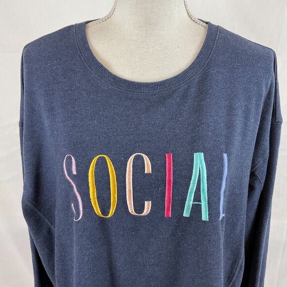 Wildfox Sweatshirt Top Navy Blue XL Multi-Color Embroidered Lettering Social - Picture 11 of 12
